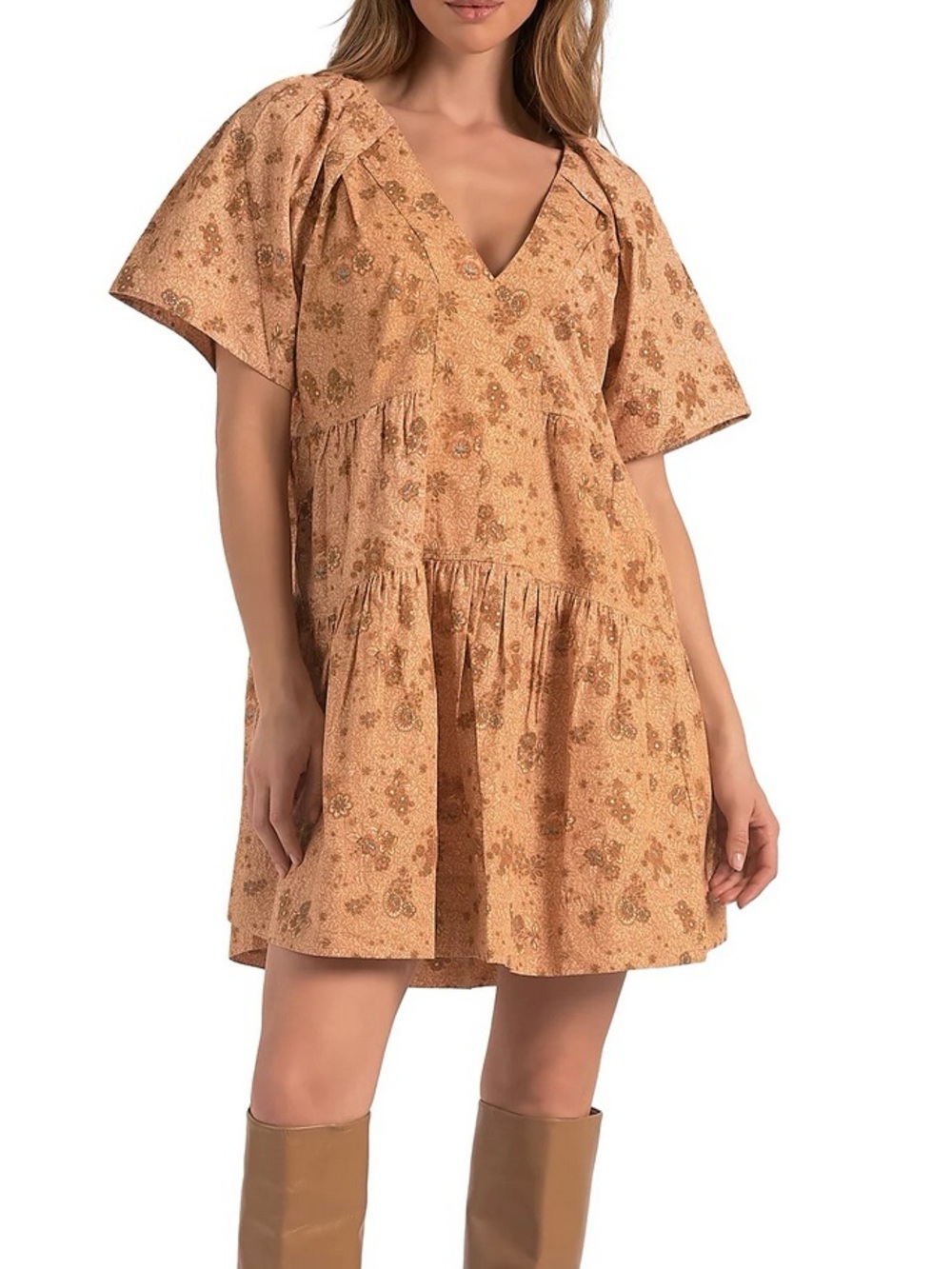 Elan 100% Cotton Floral Tiered V-Neck Mini Dress Size XS